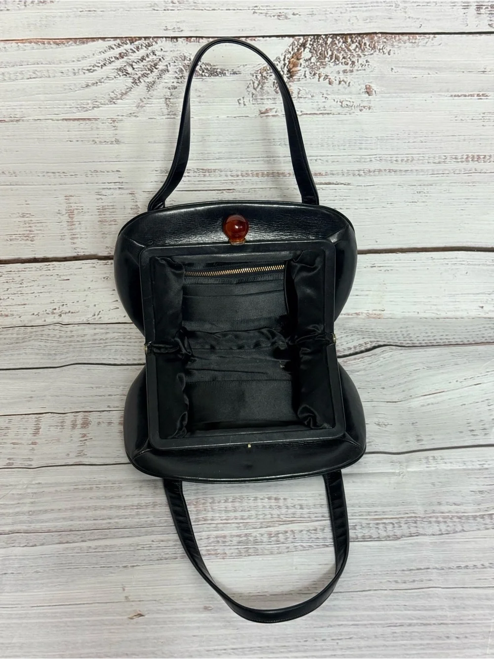 Vintage Holzman Black Leather Small Double Handle Handbag With Bakelight